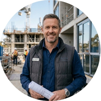 Liam Thompson, Australian builder holding blueprints on a construction site. He trusts George Group as a reliable supplier for AS2047 certified windows and professional installation support.
