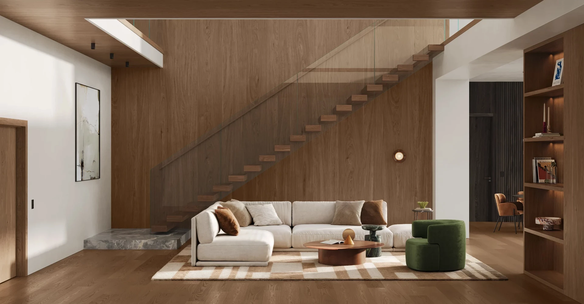 Engineered wood flooring and floating staircase solutions for modern apartments and villas.