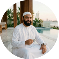 Ahmed Al-Fayed relaxing in his luxury Dubai private villa, praising George Group for their premium customized building materials, exquisite craftsmanship, and VIP Muslim-friendly sourcing service.