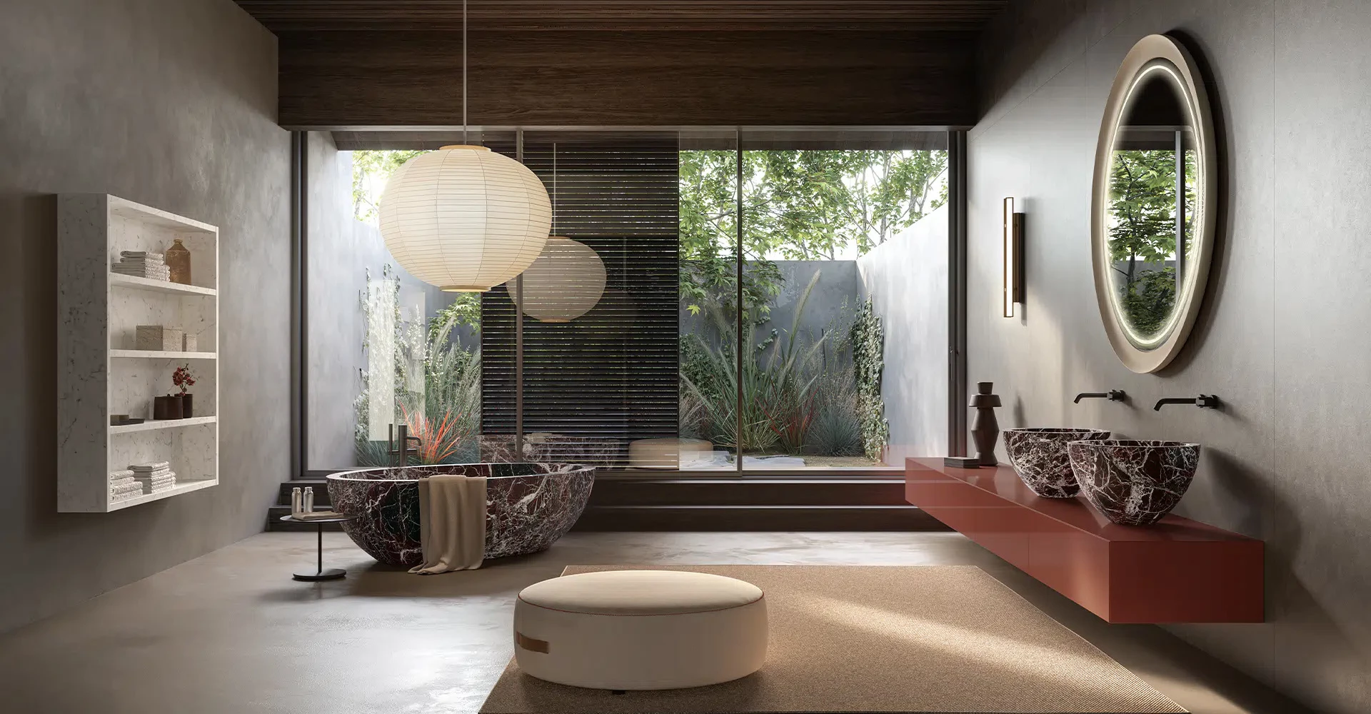 Modern bathroom sanitary ware, toilets, and faucets for multi-story residences.