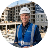 Mark Stevens, USA property developer at an apartment construction site, highly recommending George Group's efficient one-stop building material solutions and on-time project delivery.