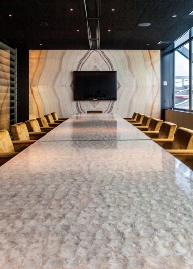 Customized granite countertops for hotel and apartment kitchen projects.