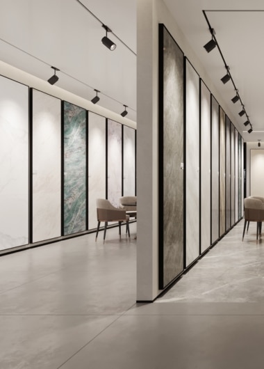 Large format porcelain floor tiles displayed in George Group's Foshan showroom.