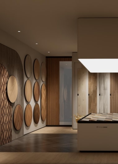 Luxury solid wood flooring with natural textures in building material showroom.