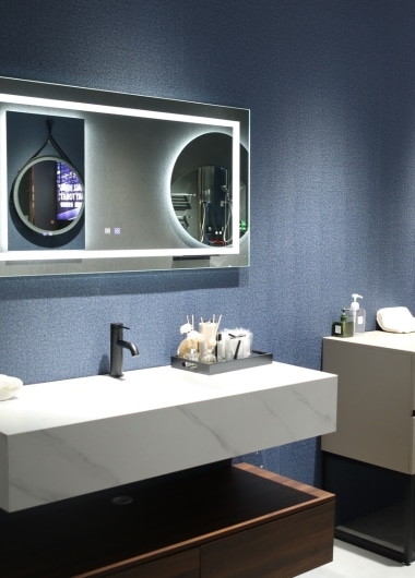 Modern bathroom vanity units with quartz tops for luxury residential projects.