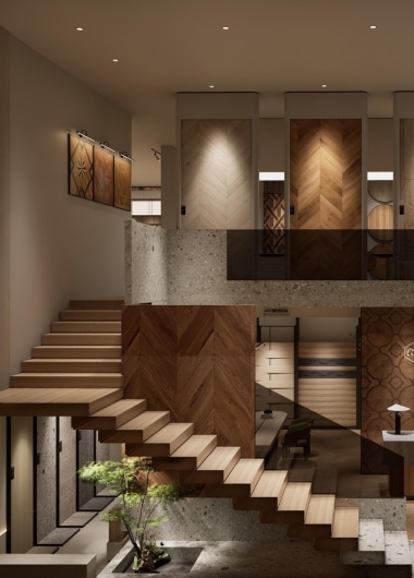 Modern floating staircase with wooden treads and glass railing design.