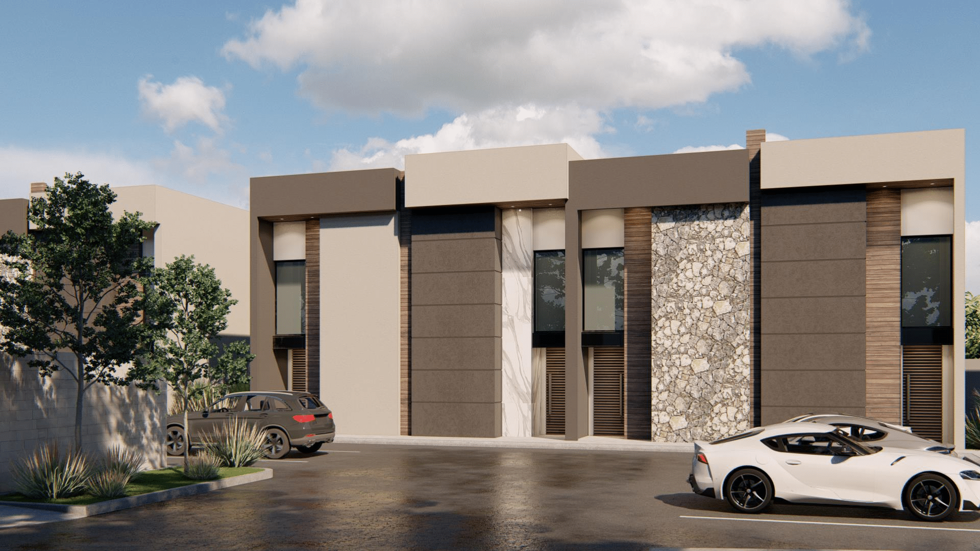 Exterior view of a 40-unit modern apartment building in the United States, fully equipped with our customized aluminum doors and windows.