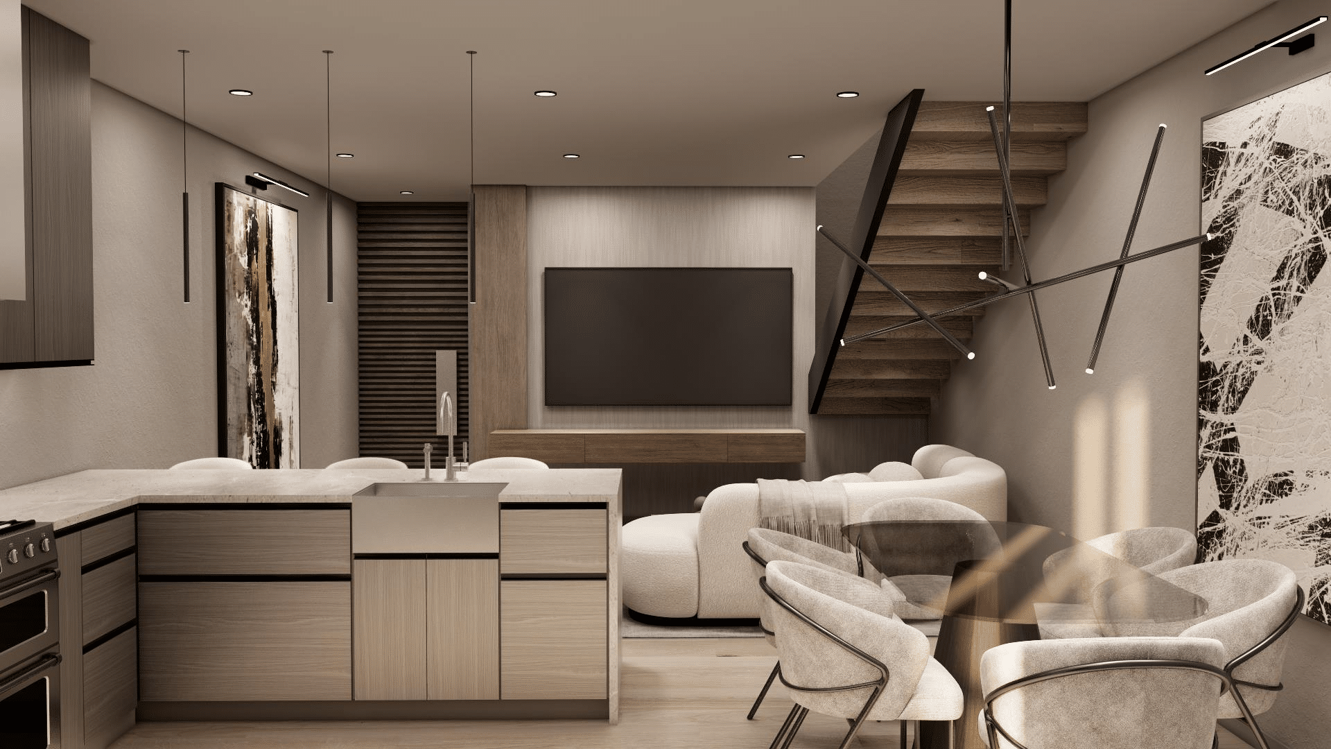 Modern apartment interior design in the US, equipped with custom wooden stairs, engineered flooring, and full-house cabinetry from Foshan.