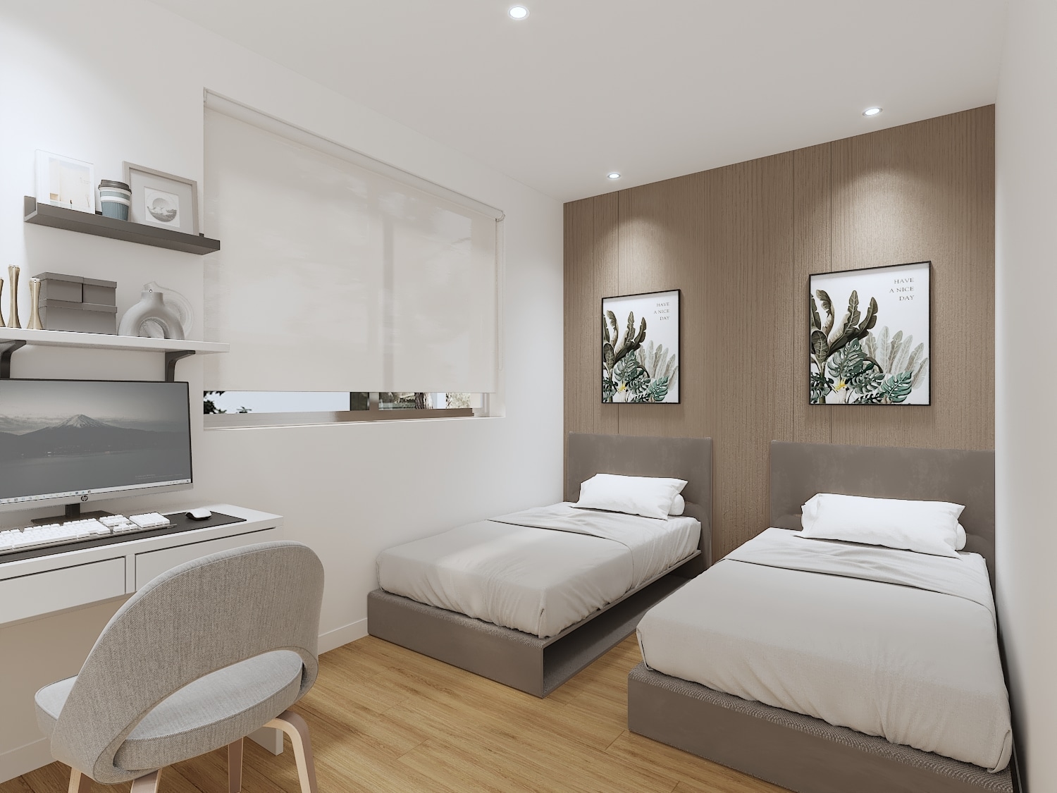 Modern bedroom interior featuring solid wooden doors and complete building materials delivered from our Foshan factory.