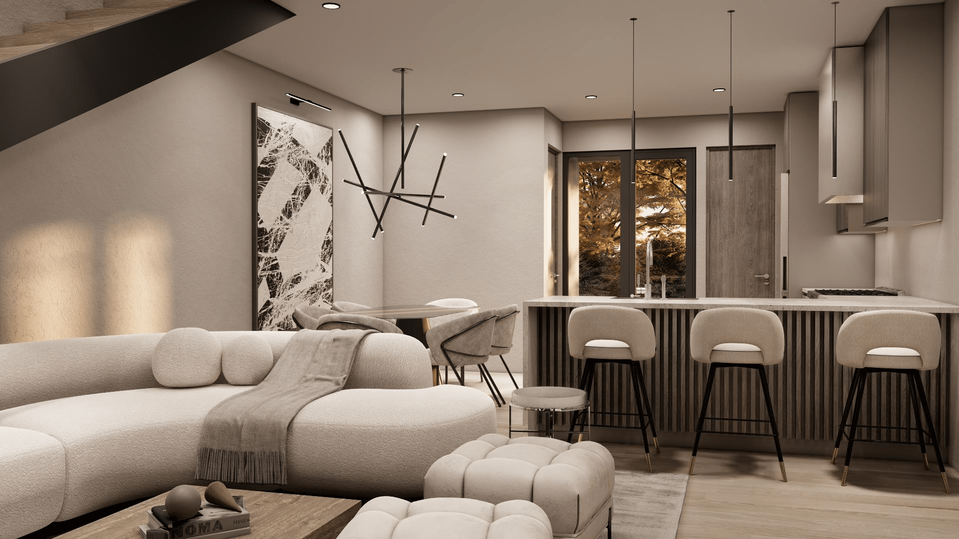 Modern apartment interior highlighting custom wooden stairs and energy-efficient aluminum patio doors manufactured by George Group.