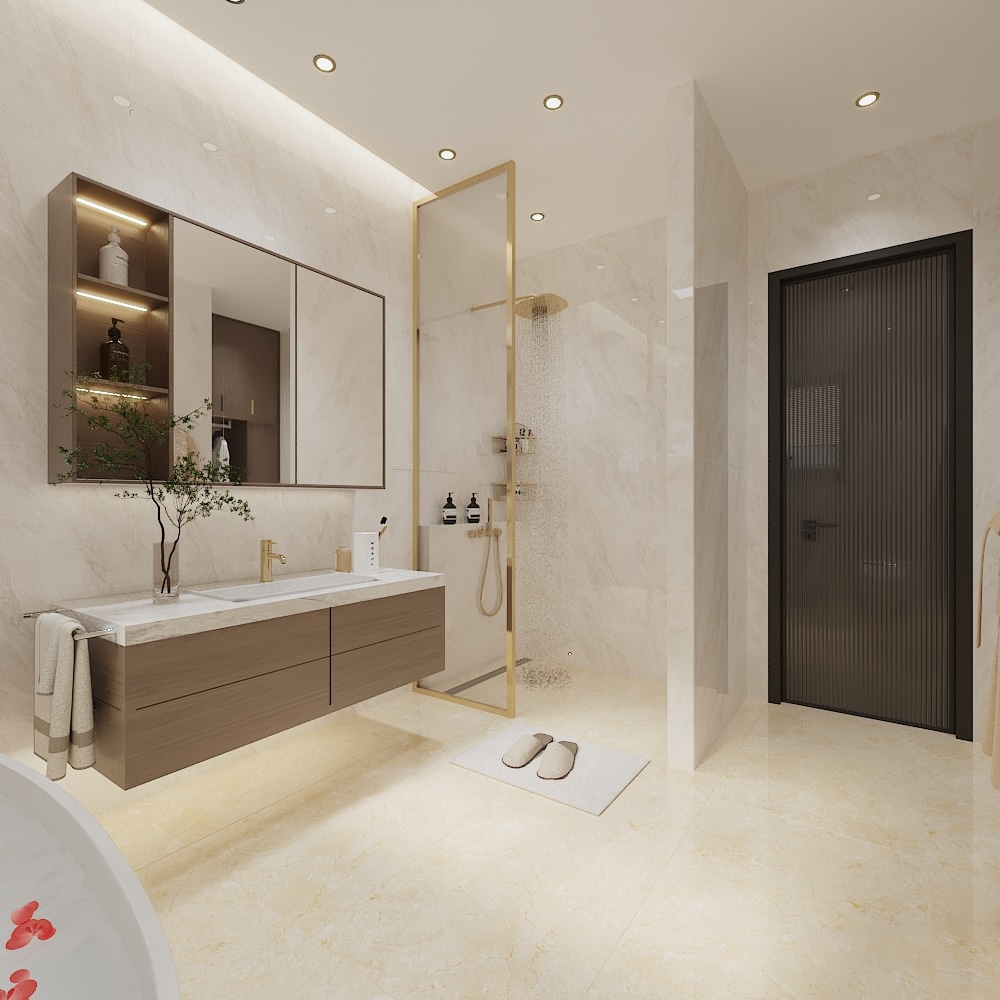 Custom double sink bathroom vanity and mirror provided by George Group for an Australian apartment project.