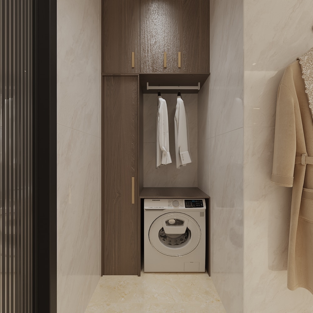 Space-saving custom laundry room cabinets and quartz countertops designed specifically for an Australian apartment layout.