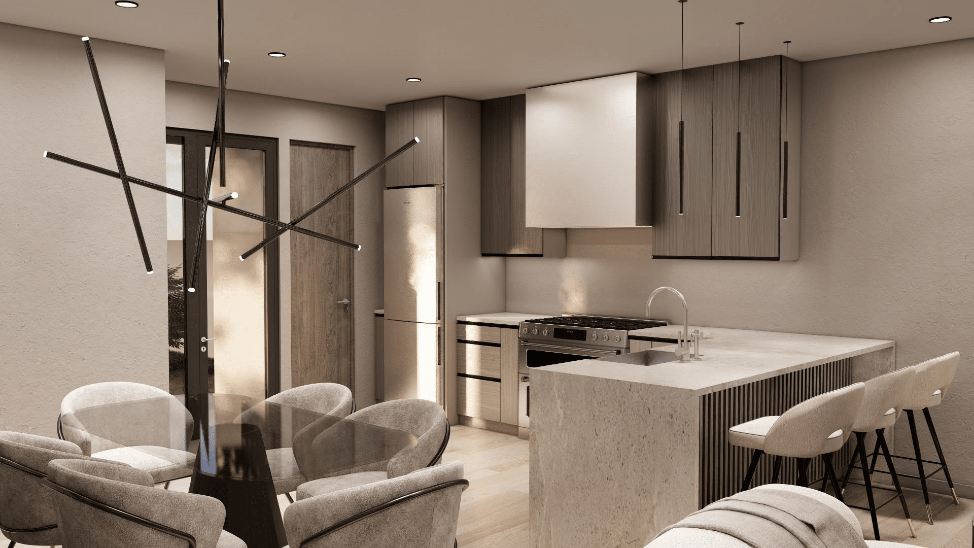 Close-up of custom wood-grain kitchen cabinets, a durable quartz island countertop, and interior wooden doors delivered for the multi-family project.