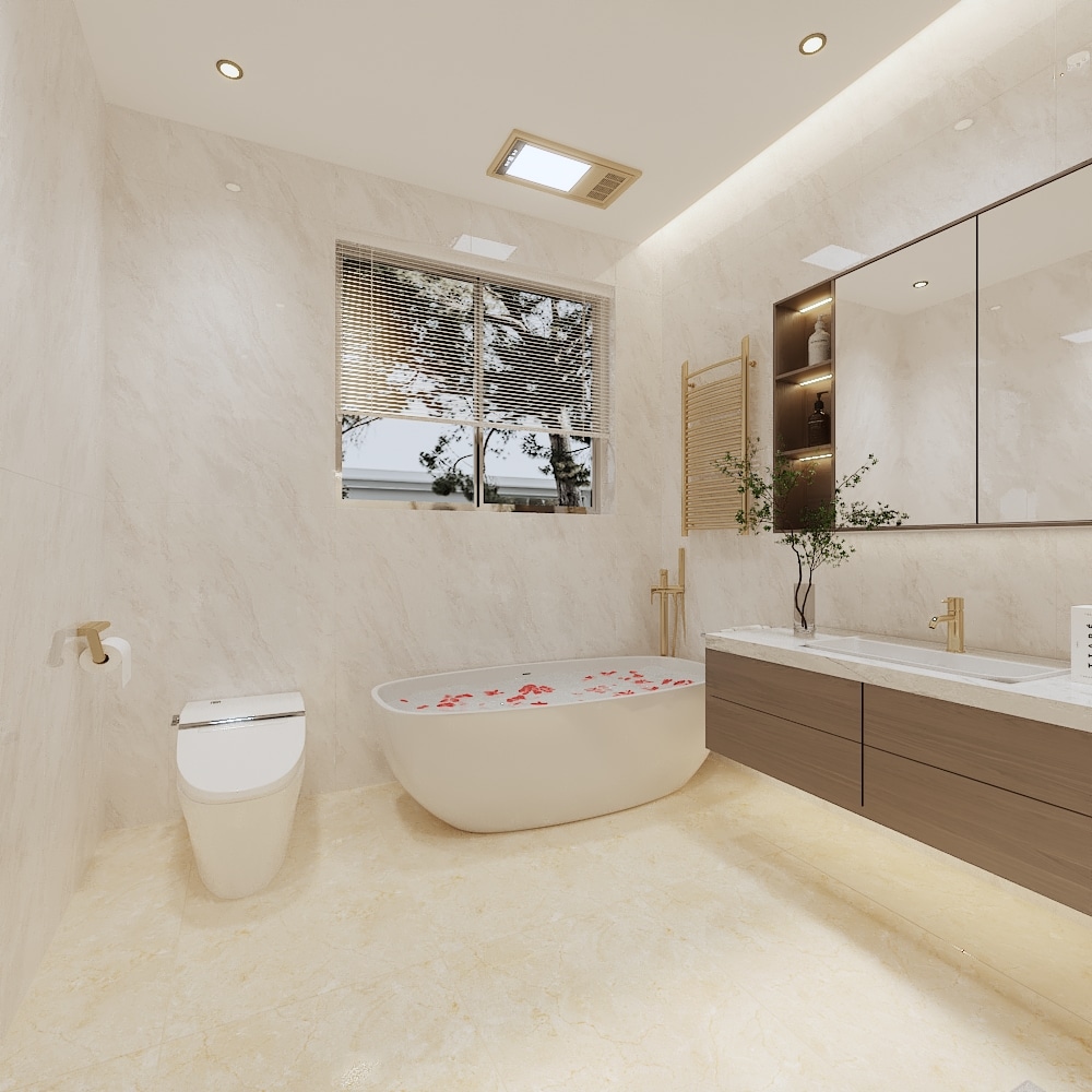 Luxury freestanding bathtub and high-quality brass fittings customized for overseas apartment owners.