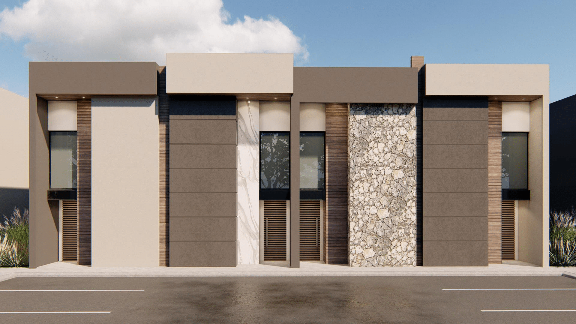 Modern exterior facade of Las Magnolias apartments in the USA, featuring natural stone cladding and custom aluminum windows.