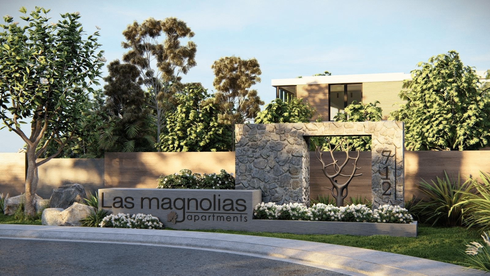 Entrance sign of Las Magnolias Apartments, a 40-unit residential project in the US utilizing our complete building material supply chain.
