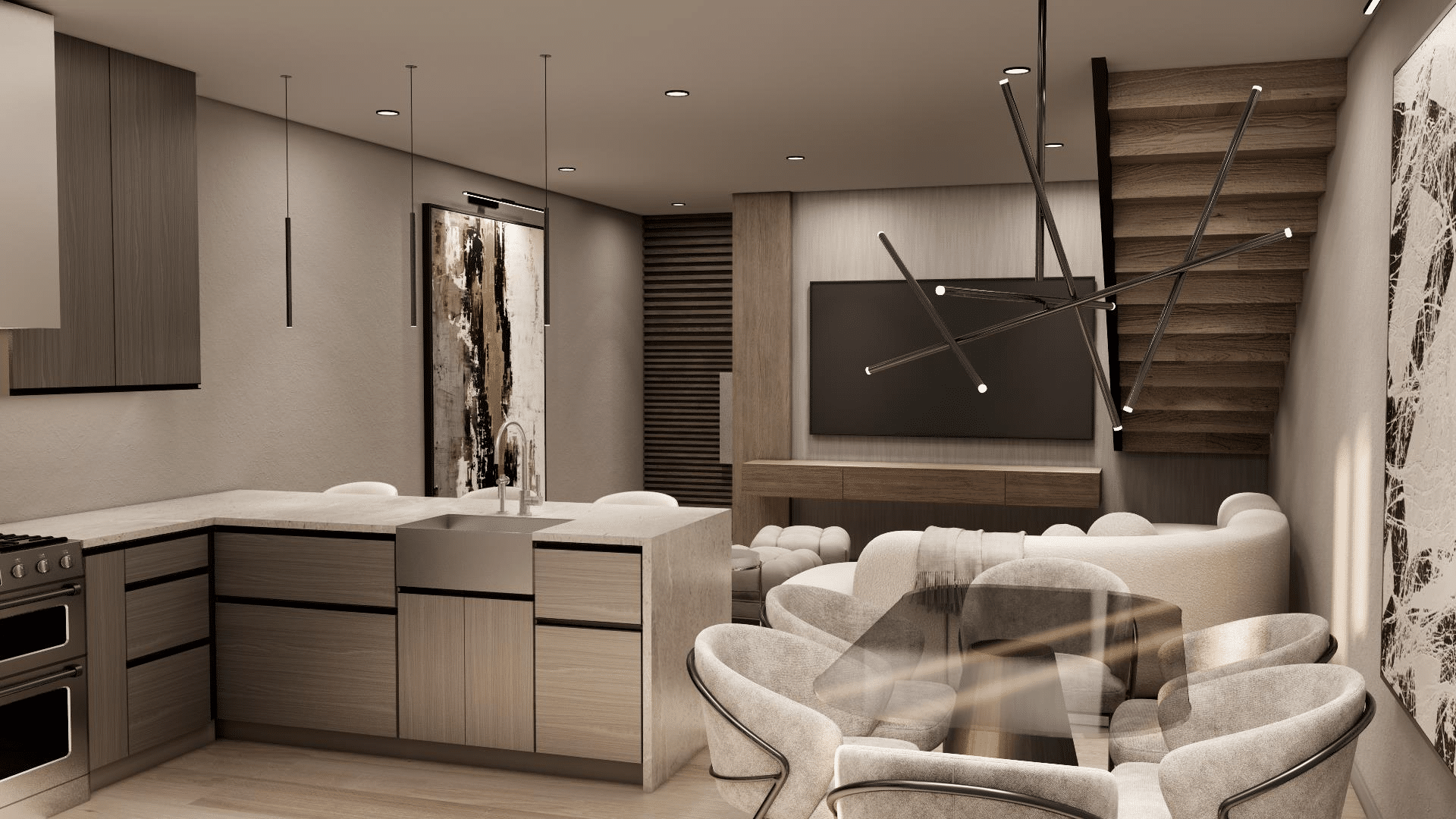 Open-concept kitchen and dining area featuring custom wood cabinets and island for Las Magnolias 40-unit apartment project in the USA.
