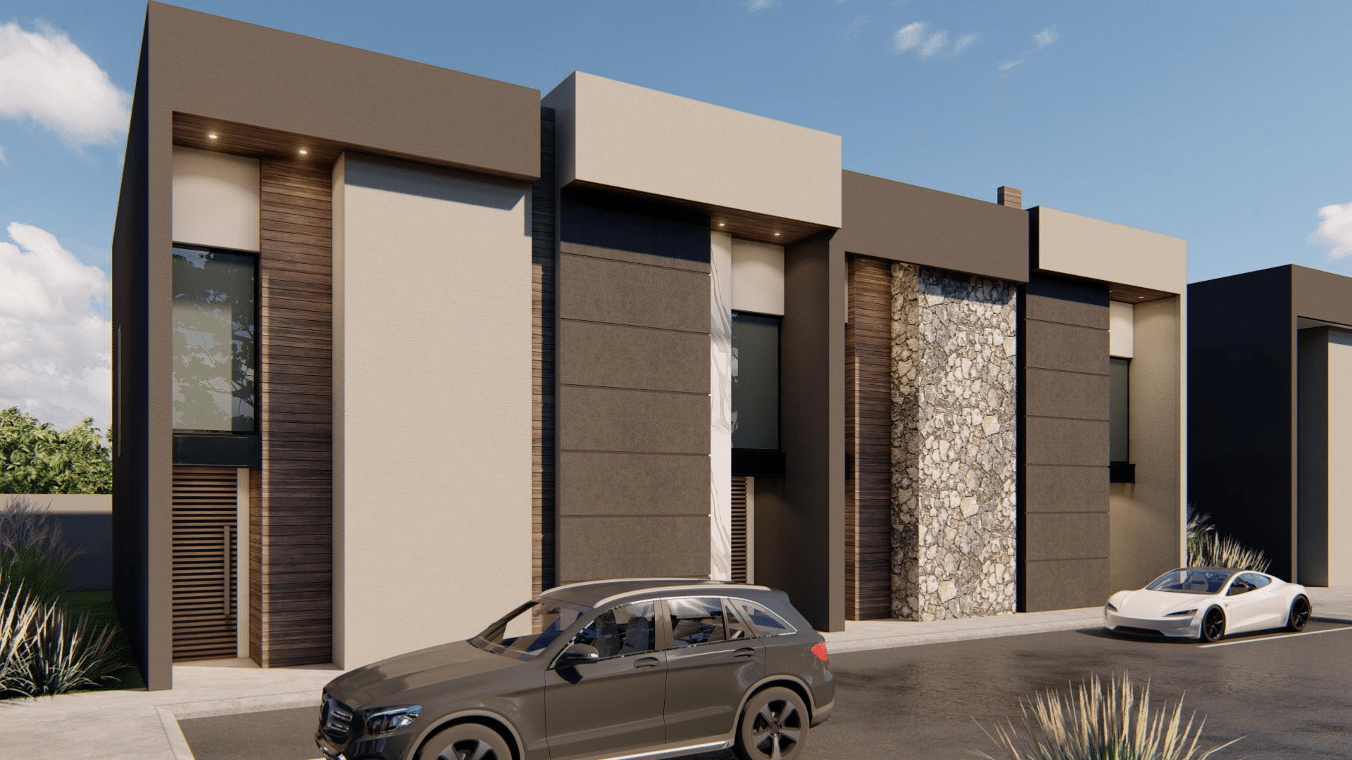 Close-up of the modern multi-family apartment facade in the US, highlighting the seamless integration of custom stone and exterior panel cladding.