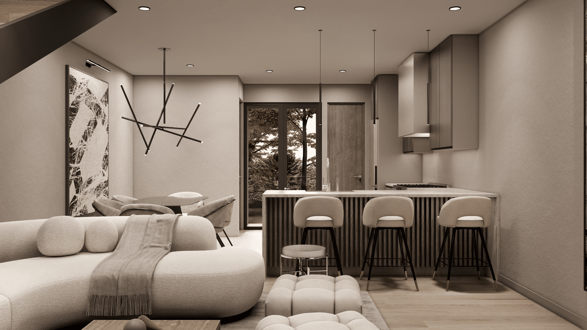 Open-plan living room seamlessly connecting to a custom kitchen island, designed for the modern Las Magnolias apartment project in the USA.