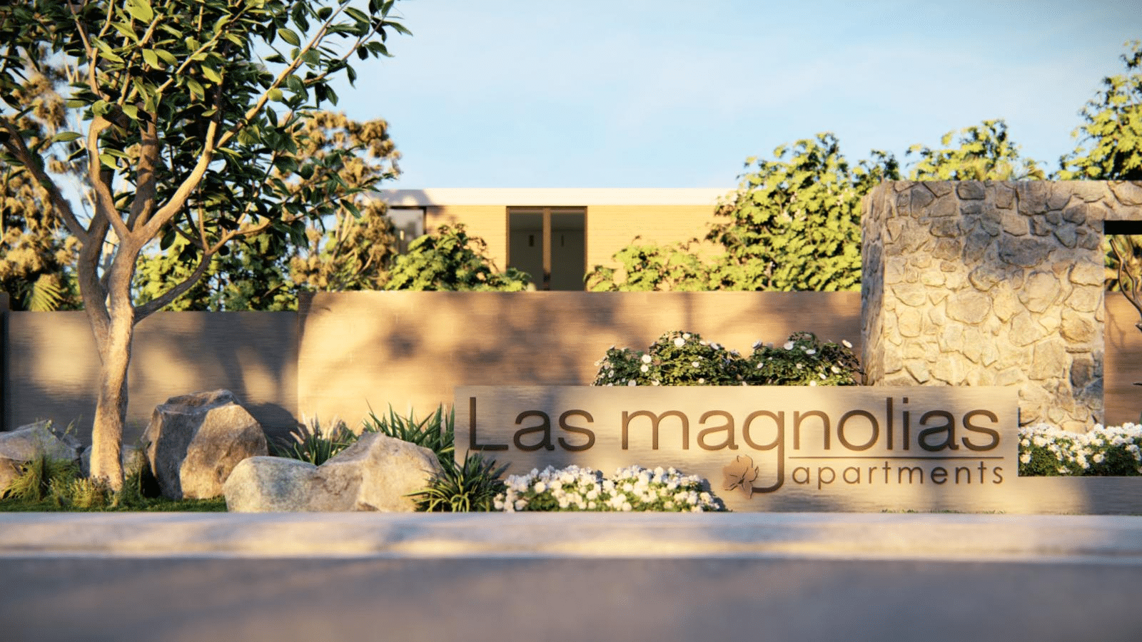Sunset view of Las Magnolias apartment complex, showcasing premium exterior building materials and landscape design for the US market.